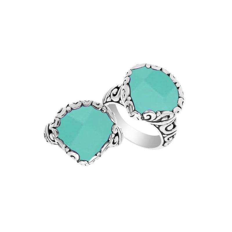 Wholesale sterling silver ring with Green Chalcedony Quartz Stones and Balinese scroll design