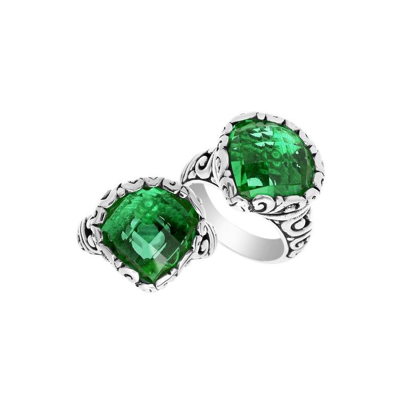 Wholesale sterling silver ring with Green Quartz double stones and Balinese scroll design