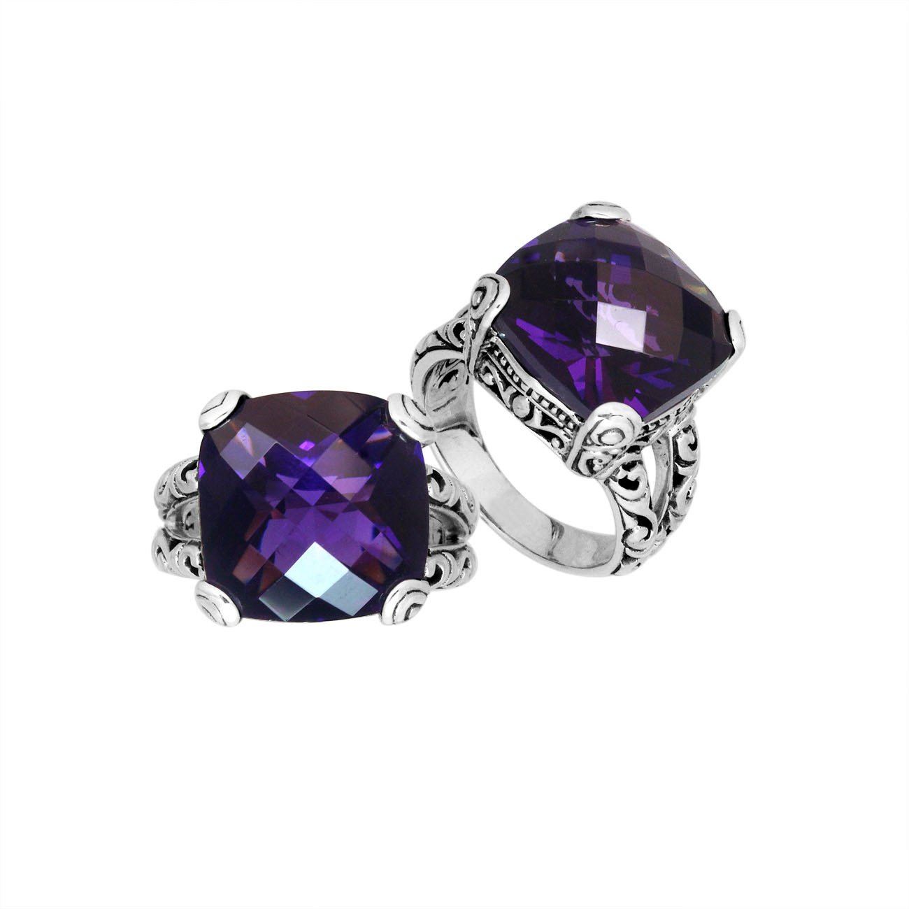Handcrafted 925 sterling silver ring with cushion-cut Amethyst Quartz, ornate Bali design.
