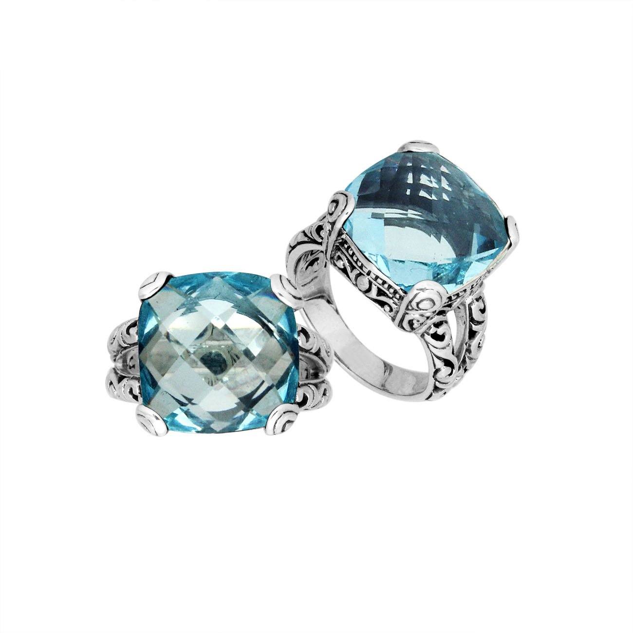 Handcrafted 925 sterling silver ring with cushion-cut Blue Topaz Quartz, ornate Bali design.