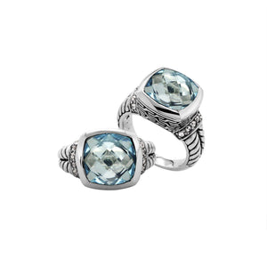 Wholesale Blue Topaz Quartz And Cubic Zirconia ring in 925 sterling silver, handcrafted in Bali with cushion-cut stone and detailed band.