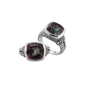 Wholesale Mystic Topaz Quartz And Cubic Zirconia ring in 925 sterling silver with cushion-cut rainbow stone and Balinese band detailing.