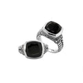 Wholesale Black Onyx Quartz And Cubic Zirconia ring in sterling silver with cushion-cut stone and detailed Balinese band.