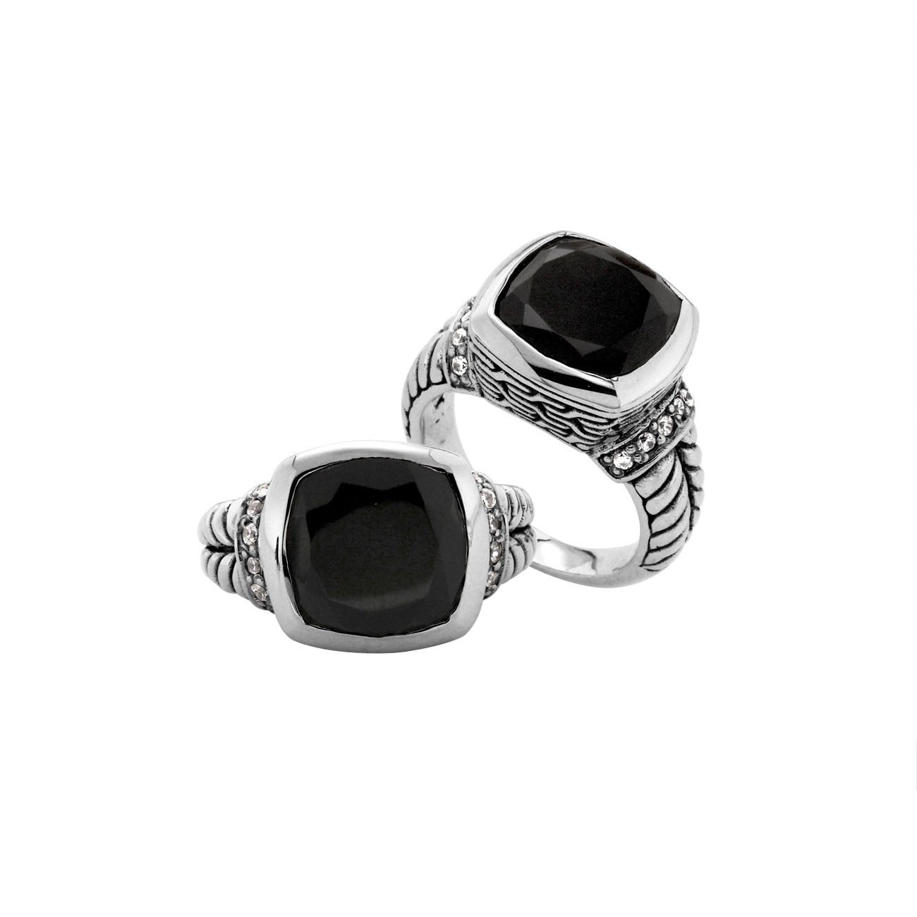 Wholesale Black Onyx Quartz And Cubic Zirconia ring in sterling silver with cushion-cut stone and detailed Balinese band.