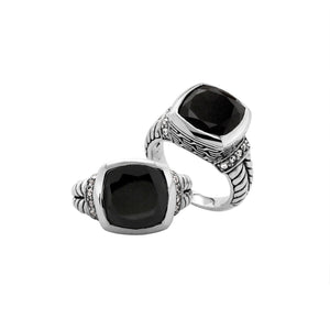 Wholesale Black Onyx Quartz And Cubic Zirconia ring in sterling silver with cushion-cut stone and detailed Balinese band.