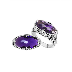 Handcrafted Amethyst Quartz oval sterling silver ring with Balinese floral detailing from Bali