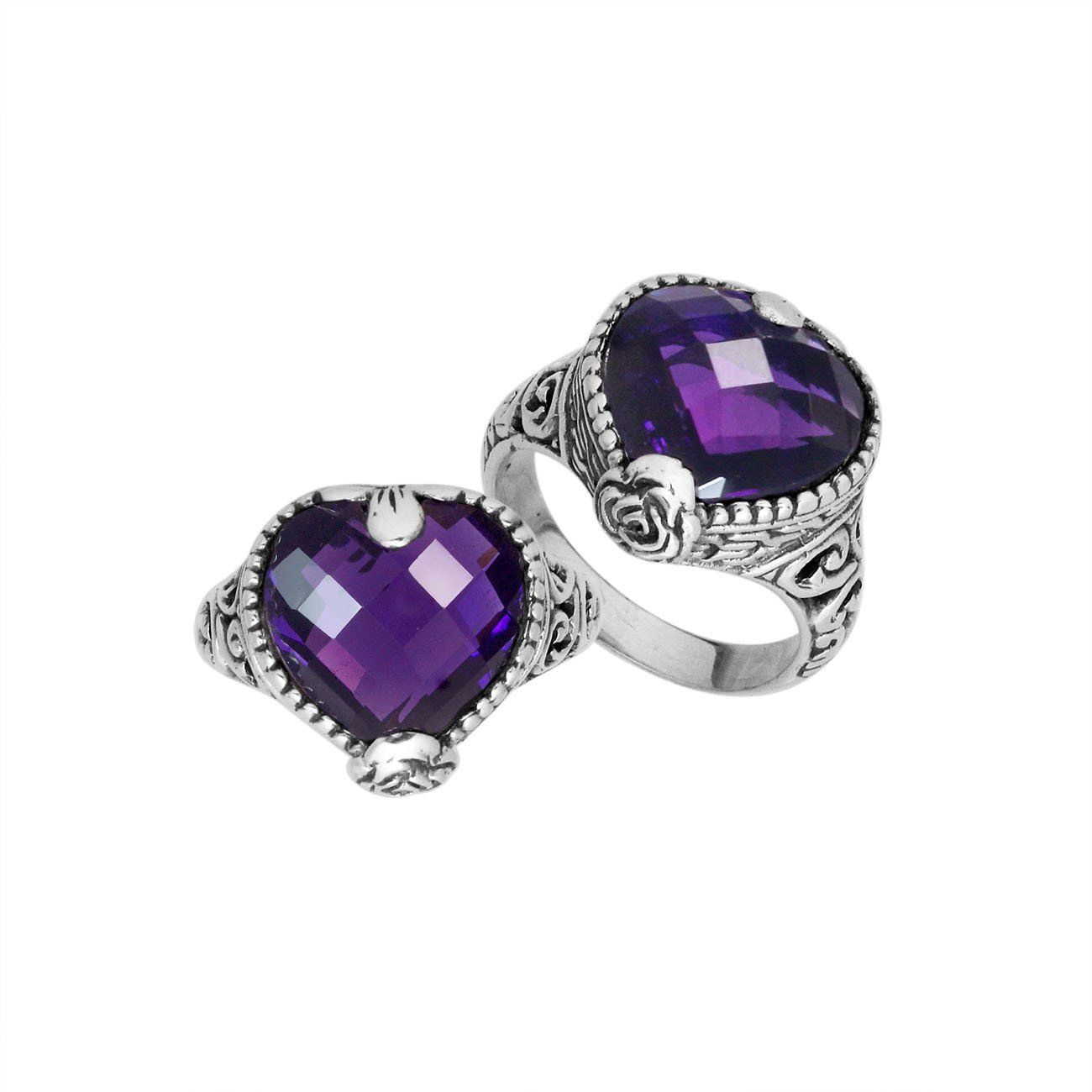 Wholesale 925 Sterling Silver ring with heart-shaped Amethyst Quartz and ornate Balinese design