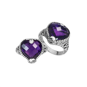 Wholesale 925 Sterling Silver ring with heart-shaped Amethyst Quartz and ornate Balinese design