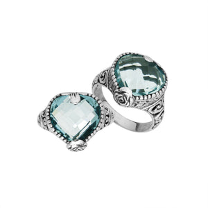 Handcrafted Blue Topaz Quartz heart-cut sterling silver ring with ornate Balinese detailing