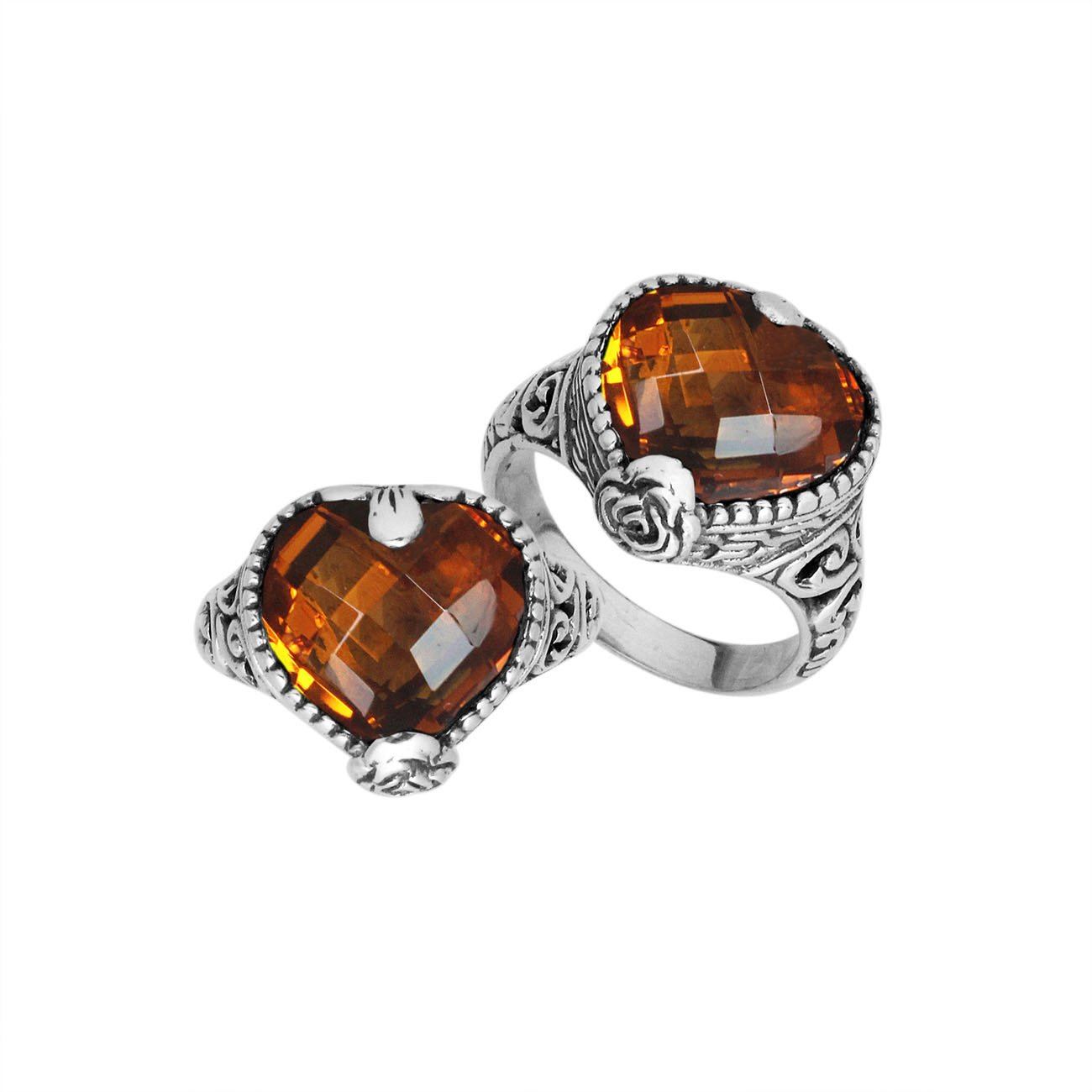 Handcrafted Citrine Quartz heart-cut sterling silver ring with ornate Balinese detailing