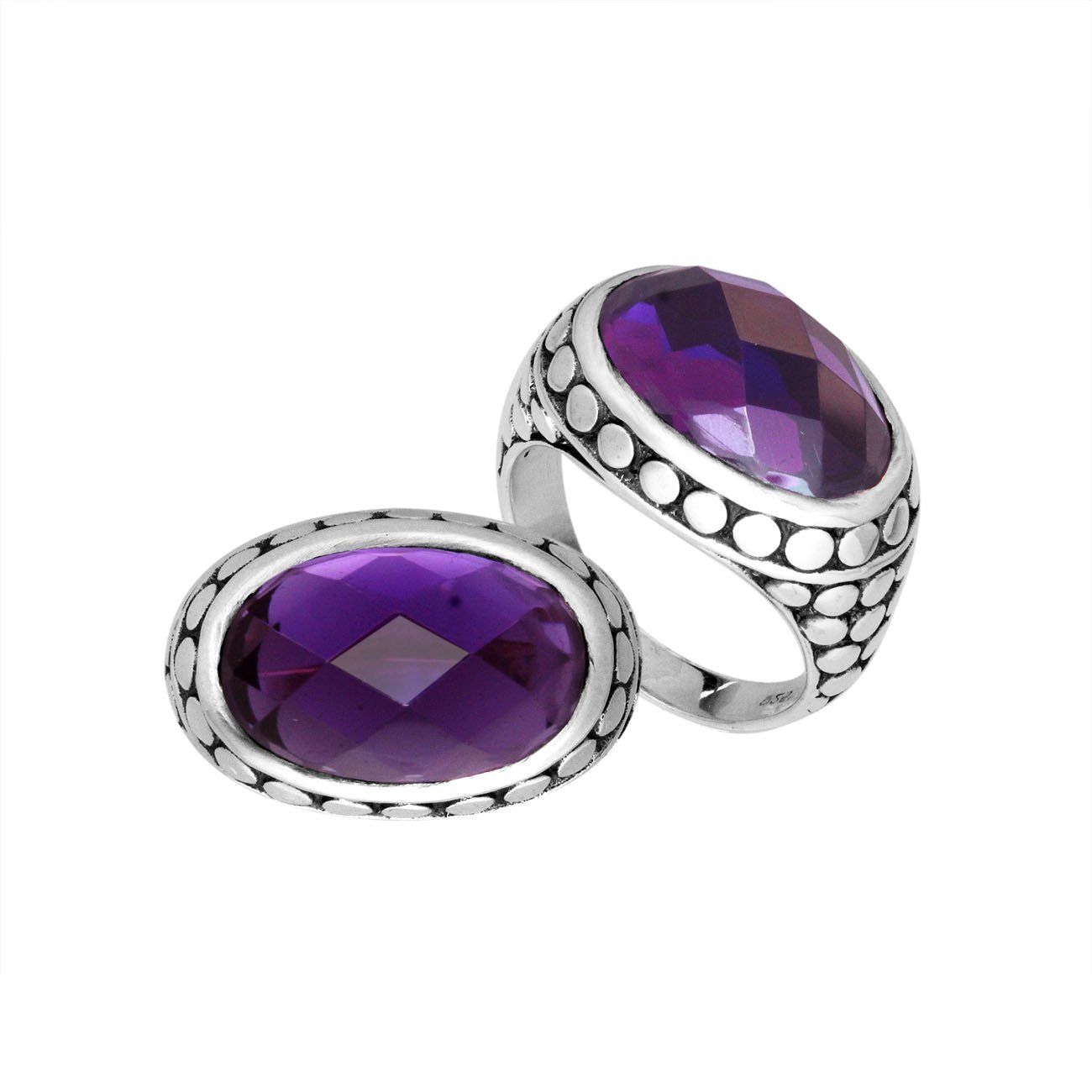 Wholesale Sterling Silver ring with faceted oval Amethyst Quartz and dotted Balinese bezel design