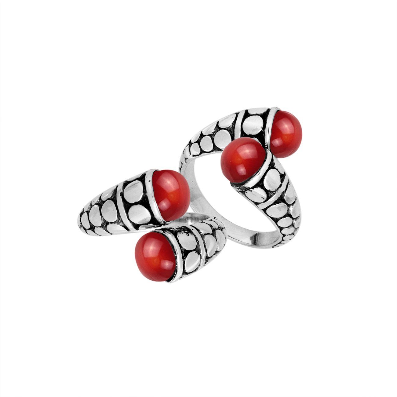 Wholesale Sterling Silver ring with double Red Coral cabochons and dotted Balinese split design