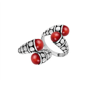 Wholesale Sterling Silver ring with double Red Coral cabochons and dotted Balinese split design