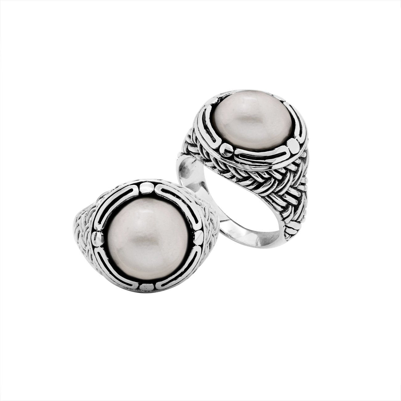 Wholesale Sterling Silver Mabe Pearl cabochon ring with woven Balinese silver band design