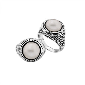 Wholesale Sterling Silver Mabe Pearl cabochon ring with woven Balinese silver band design