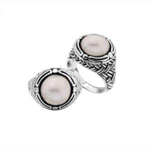 AR-6171-PEW-7" Sterling Silver Round Shape Ring With White Pearl Jewelry Bali Designs Inc 