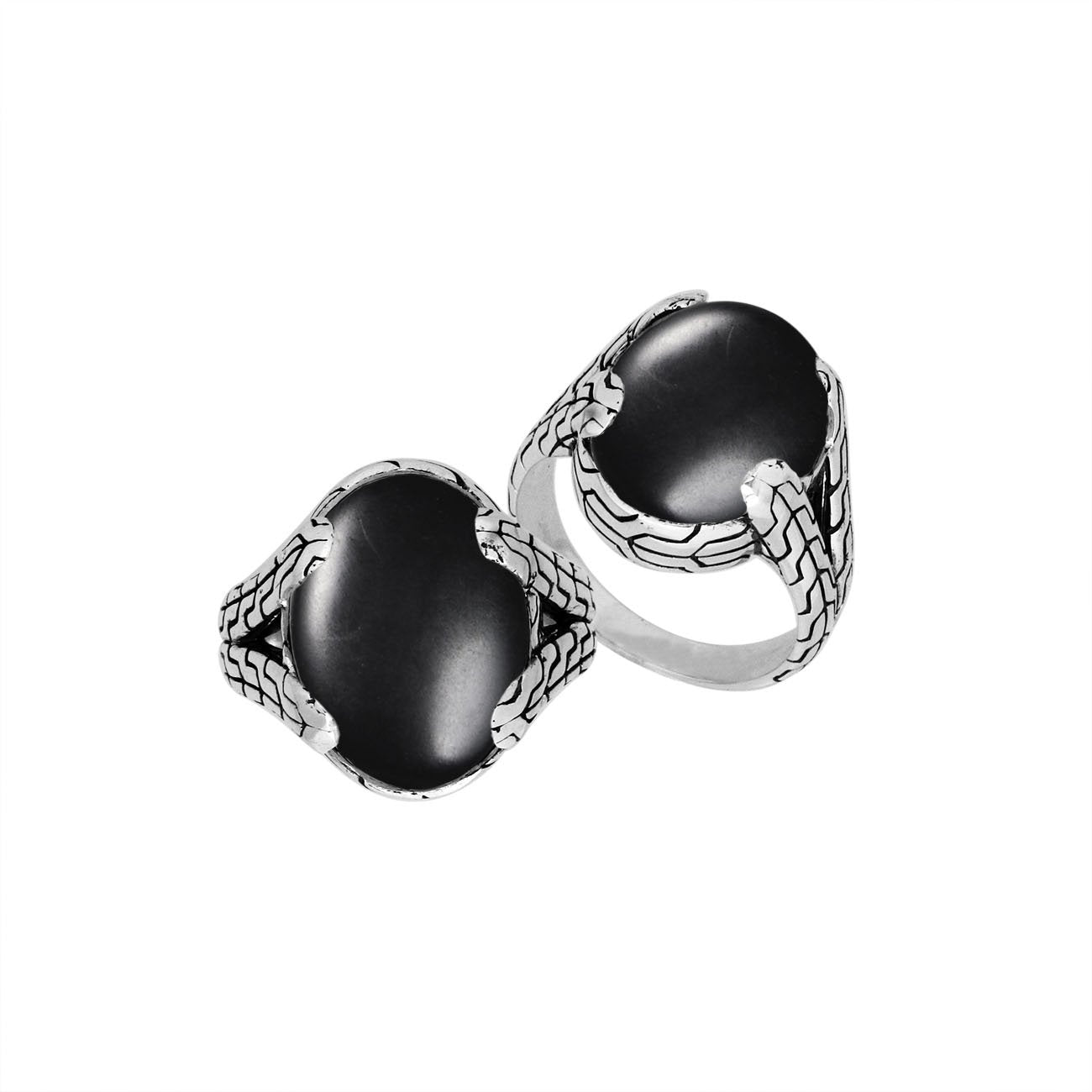 Wholesale Sterling Silver oval Black Onyx cabochon ring with Balinese engraved band design