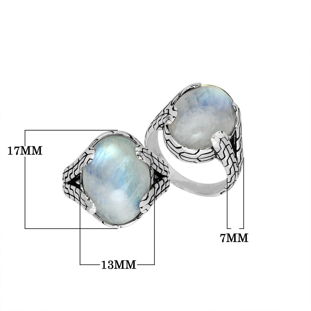 AR-6179-RM-7" Sterling Silver Oval Shape Ring With Rainbow Moonstone Jewelry Bali Designs Inc 