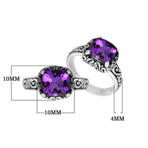 Wholesale Sterling Silver cushion-cut Amethyst Quartz faceted women’s ring with Balinese scroll engraving 