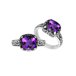 Wholesale Sterling Silver cushion-cut Amethyst Quartz faceted women’s ring with Balinese scroll engraving