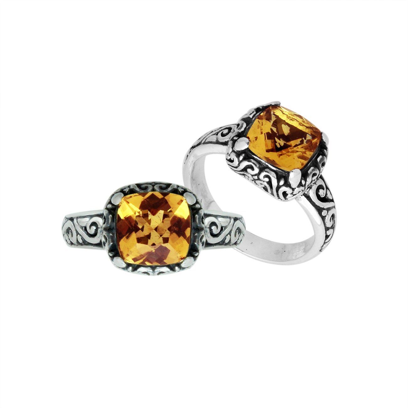 Wholesale Sterling Silver cushion-cut Citrine Quartz faceted women’s ring with Balinese scroll engraving