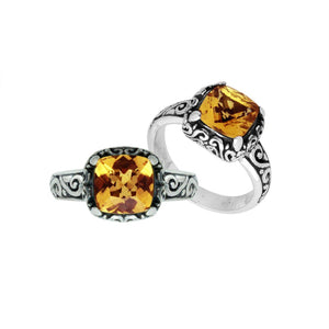 Wholesale Sterling Silver cushion-cut Citrine Quartz faceted women’s ring with Balinese scroll engraving