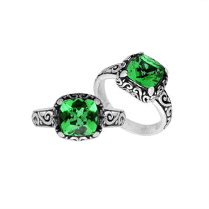 Wholesale Sterling Silver cushion-cut Green Quartz faceted women’s ring with Balinese scroll engraving