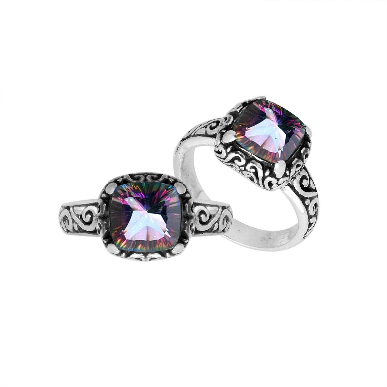 Wholesale Sterling Silver cushion-cut Mystic Quartz faceted women’s ring with Balinese scroll engraving