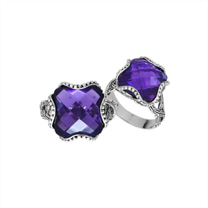 Wholesale Sterling Silver fancy cross-shaped Amethyst Quartz faceted women’s ring with bead edge and floral detailing