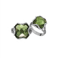 Sterling silver wholesale ring with Green Amethyst Quartz cushion shape and floral carving
