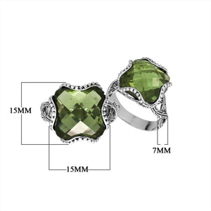 Sterling silver wholesale ring with Green Amethyst Quartz cushion shape and floral carving