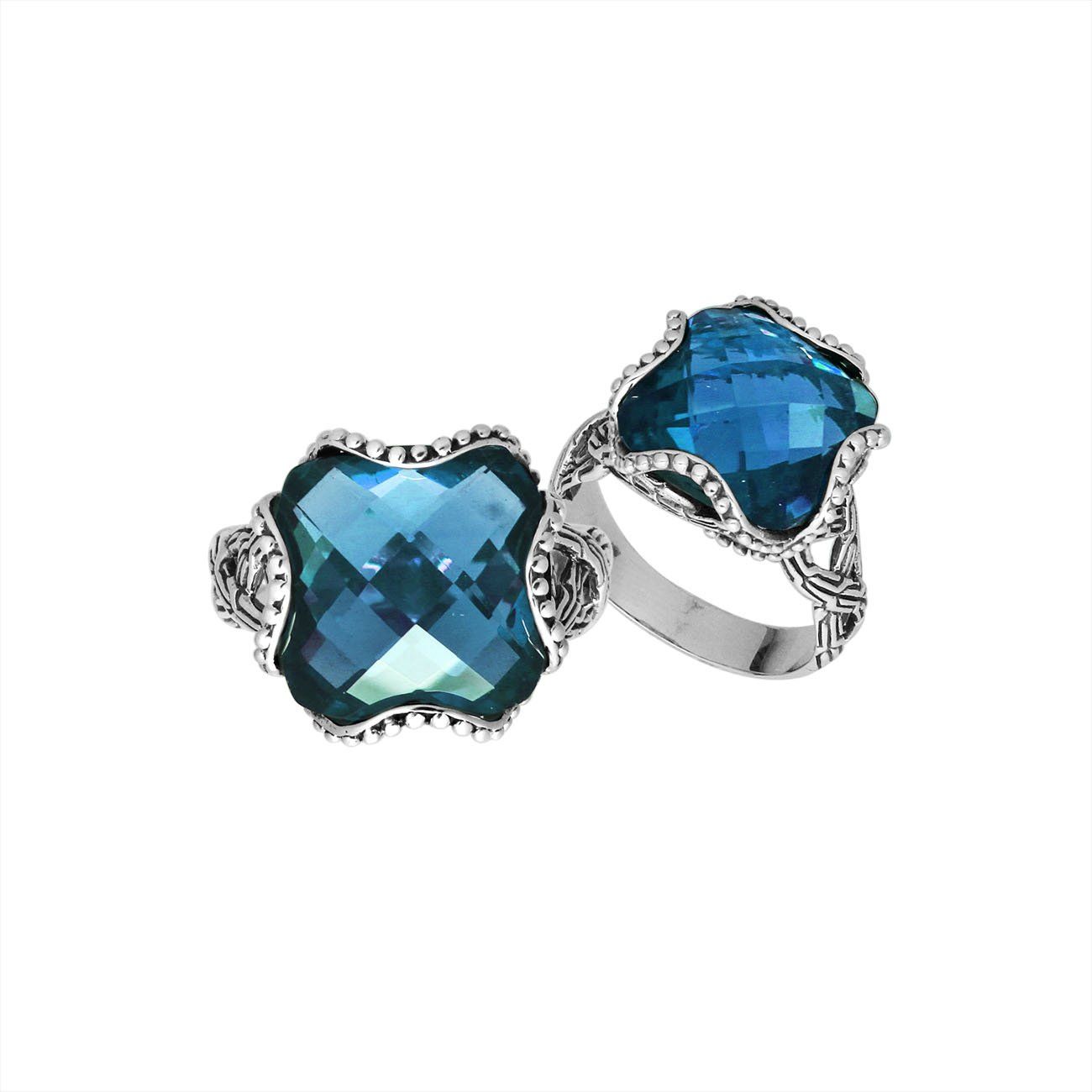 Sterling Silver London Blue Topaz Quartz ring with cushion cut and Balinese detailing
