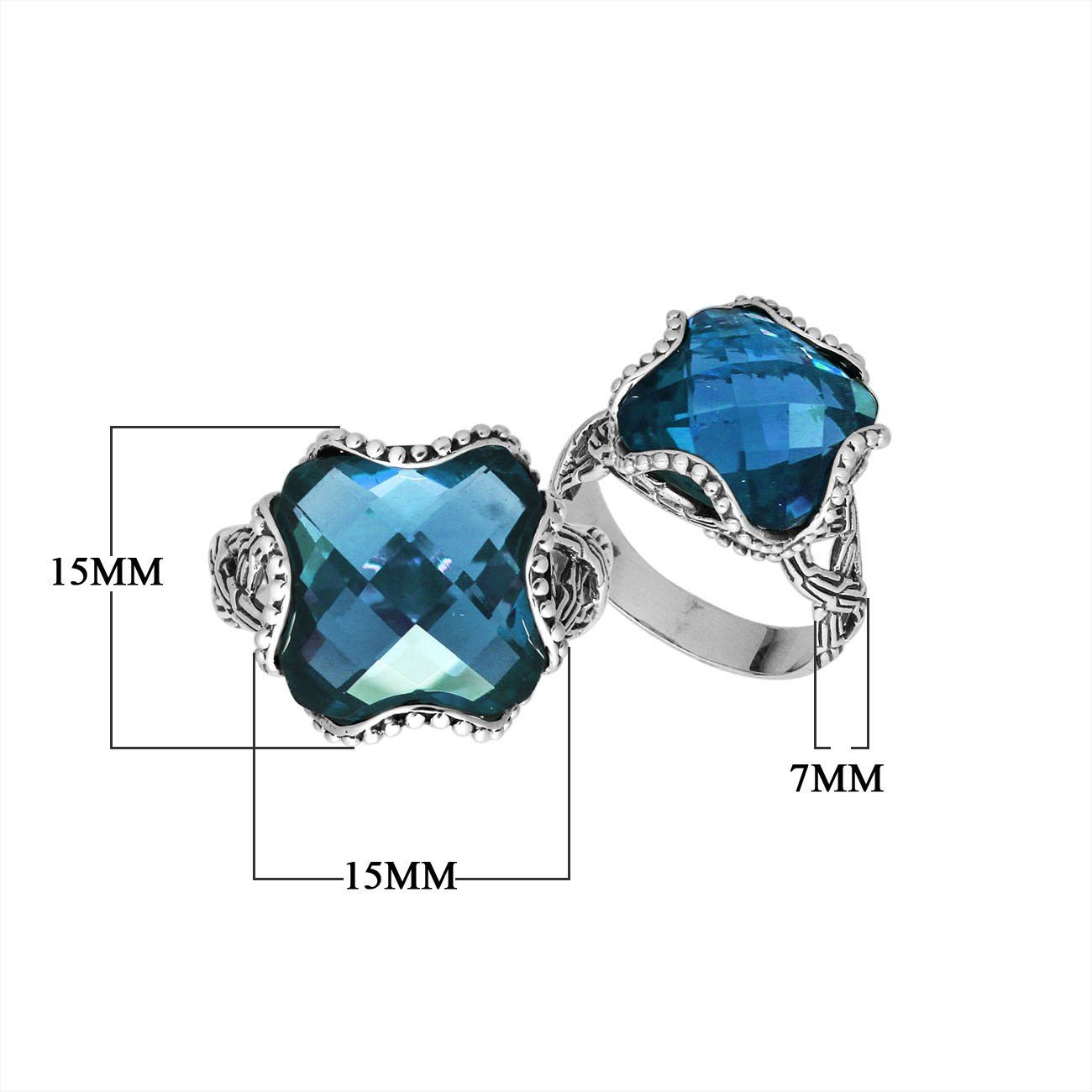 Sterling Silver London Blue Topaz Quartz ring with cushion cut and Balinese detailing