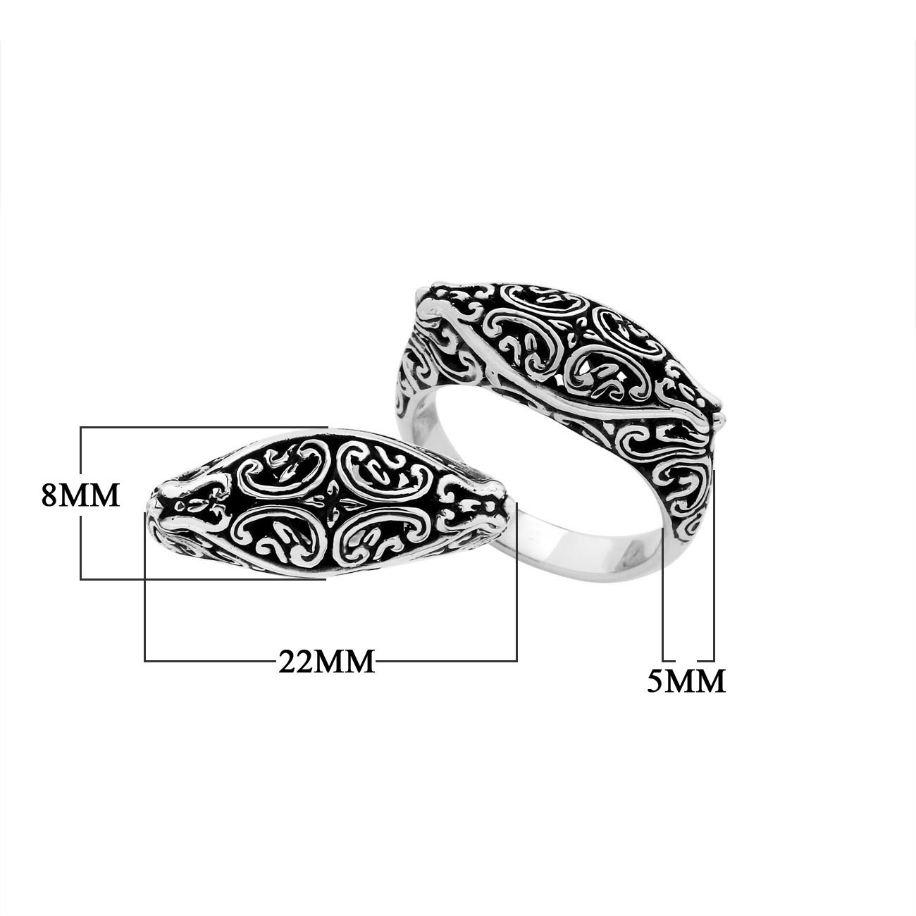 Sterling Silver oval ring with oxidized Balinese scroll engraving
