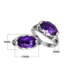 Sterling Silver oval shape Amethyst Quartz ring with handcrafted Balinese scroll detailing