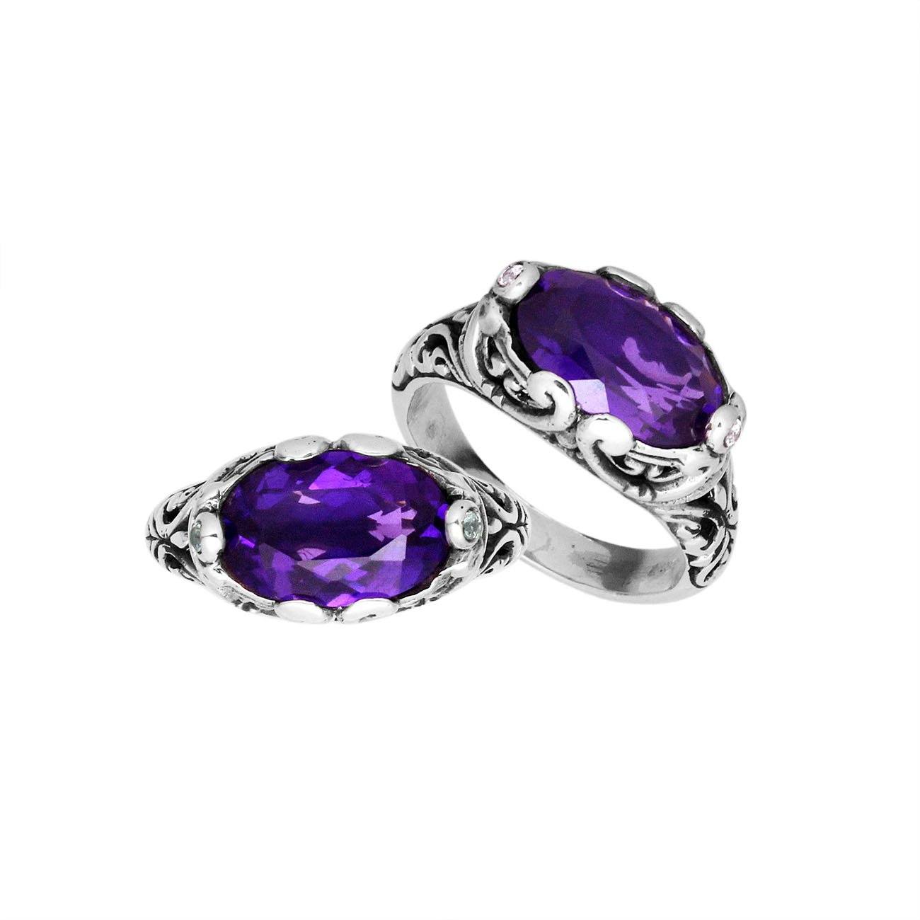 Sterling Silver oval shape Amethyst Quartz ring with handcrafted Balinese scroll detailing