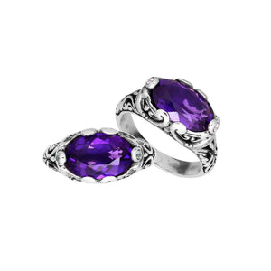 Sterling Silver oval shape Amethyst Quartz ring with handcrafted Balinese scroll detailing