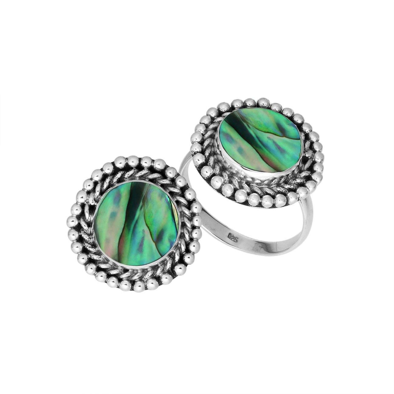 Sterling Silver round shape ring with Abalone Shell and handcrafted Balinese beaded design