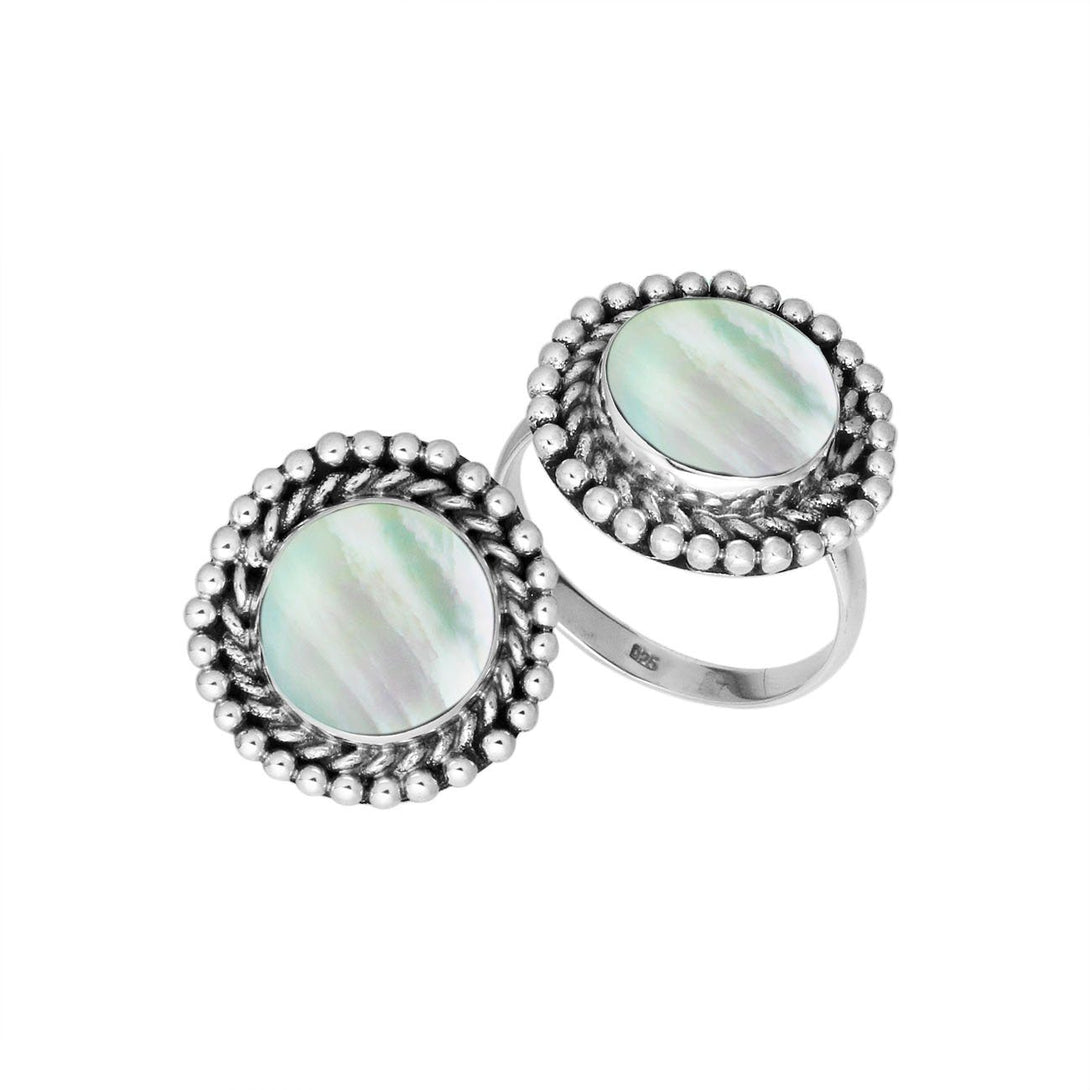 AR-6211-MOP-8'' Sterling Silver Round Shape Ring With Mother Of Pearl Jewelry Bali Designs Inc 