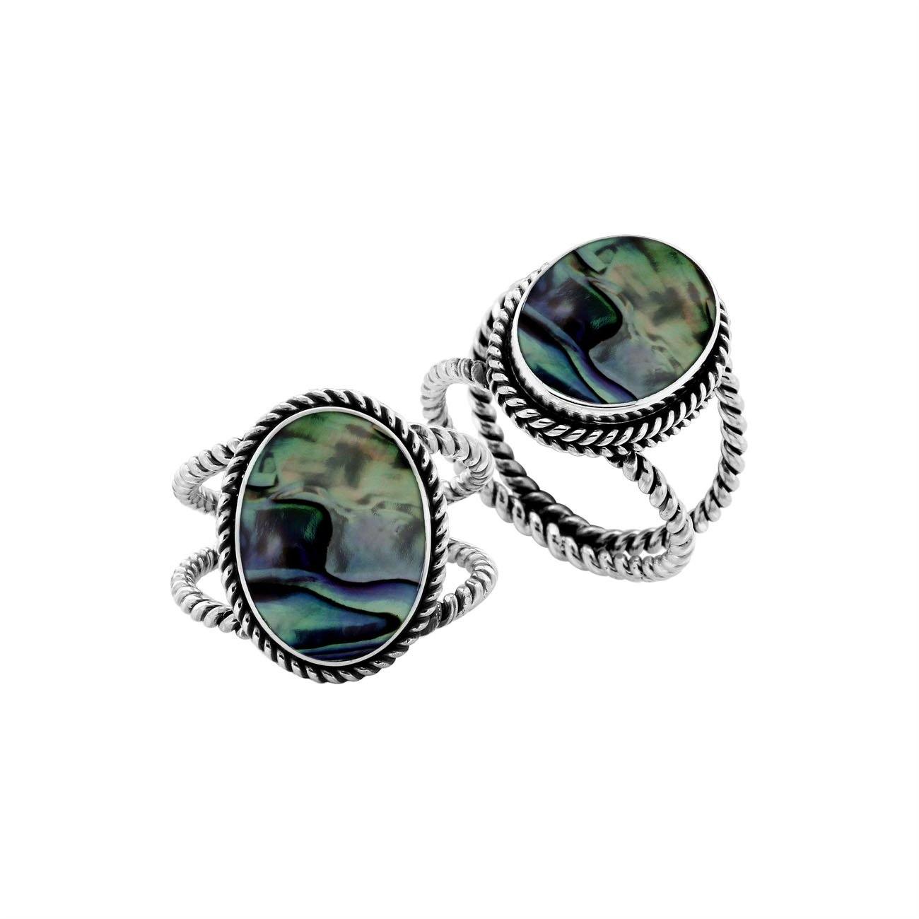 Sterling Silver oval shape ring with Abalone Shell and handcrafted Balinese rope design