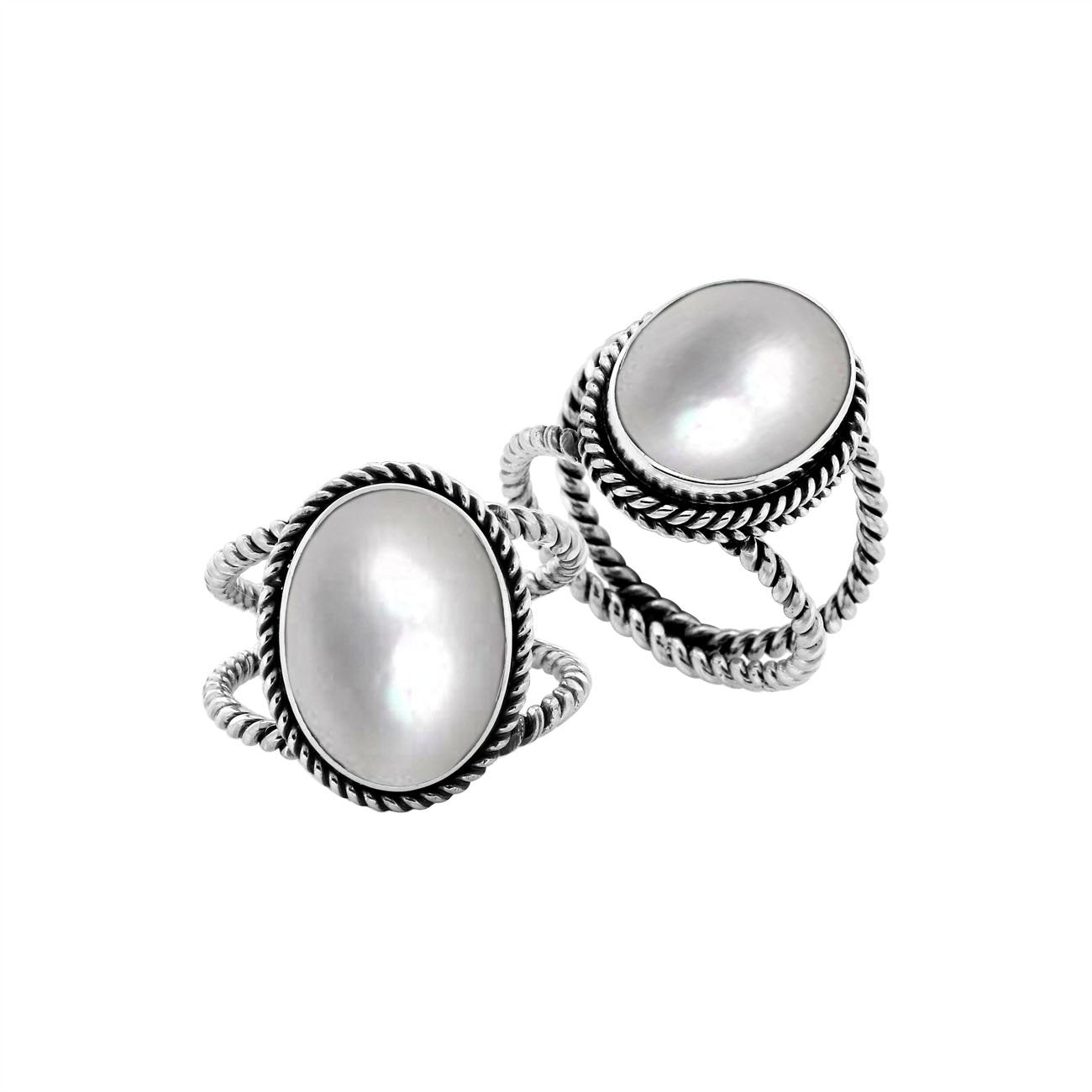 Sterling Silver oval shape ring with Black Shell and braided rope detailing