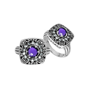 Sterling Silver Handcrafted Ornate Designer Square Shape Ring With Amethyst Quartz