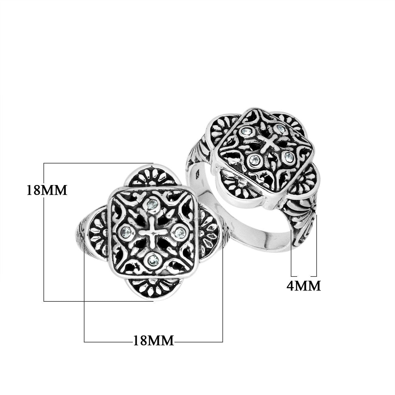 Sterling Silver Handcrafted Ornate Designer Square Shape Ring With Cubic Zircon