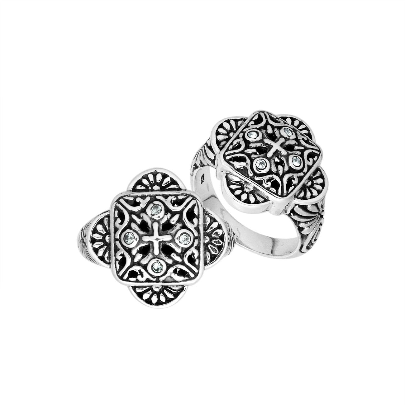 Sterling Silver Handcrafted Ornate Designer Square Shape Ring With Cubic Zircon