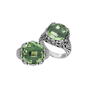 Sterling Silver Handcrafted Ornate Designer Ring With Green Amethyst Quartz
