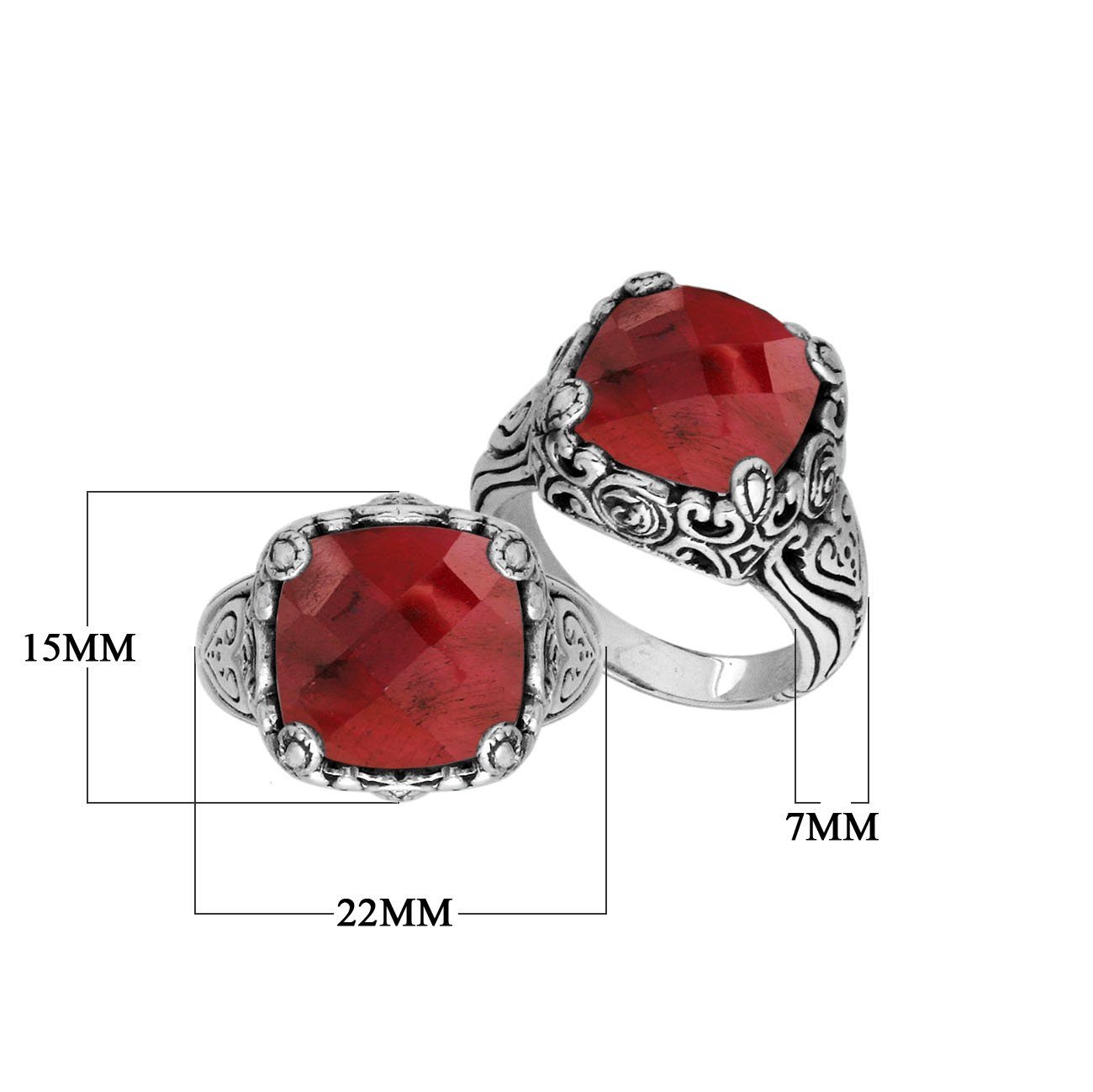 Sterling Silver Cushion Shape Ring with Ruby and Balinese pattern