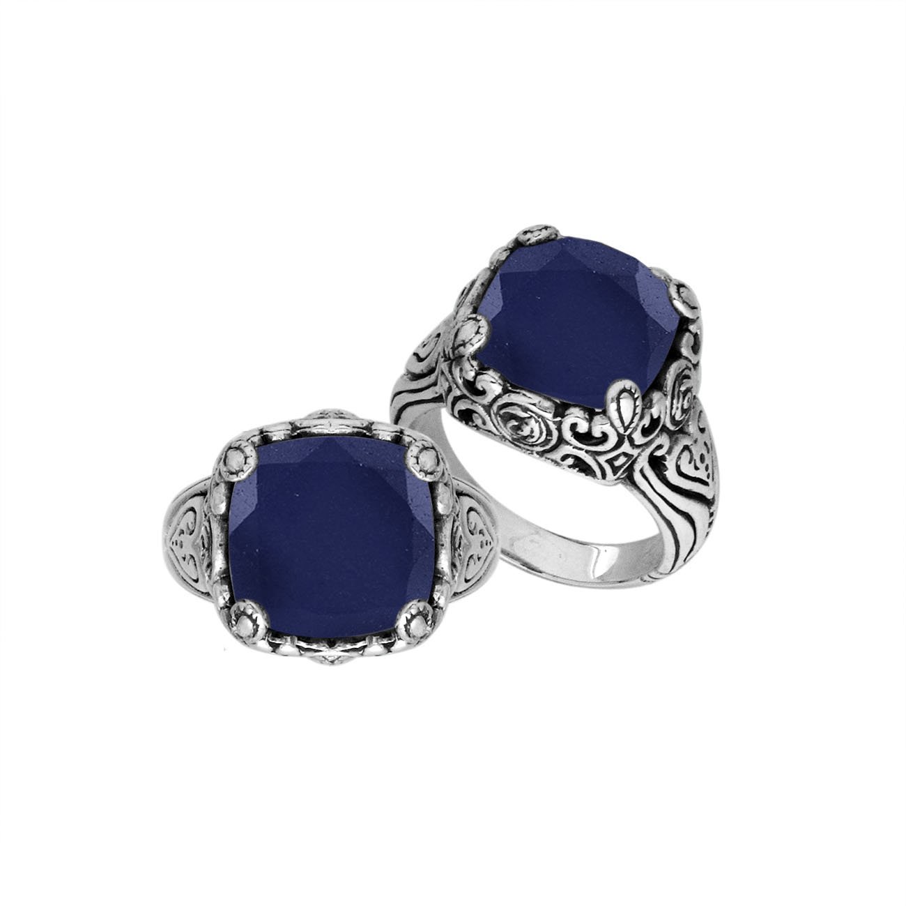 Sterling Silver ornate statement ring with Blue Sapphire and intricate Bali-inspired detailing.