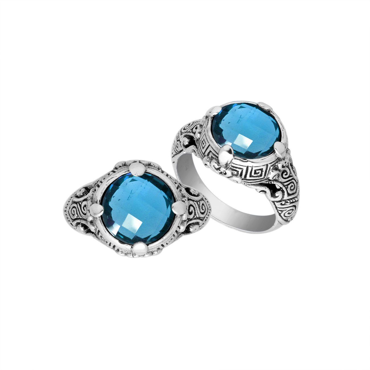 Sterling Silver ornate statement ring with Blue Topaz Quartz and detailed Bali-style craftsmanship.