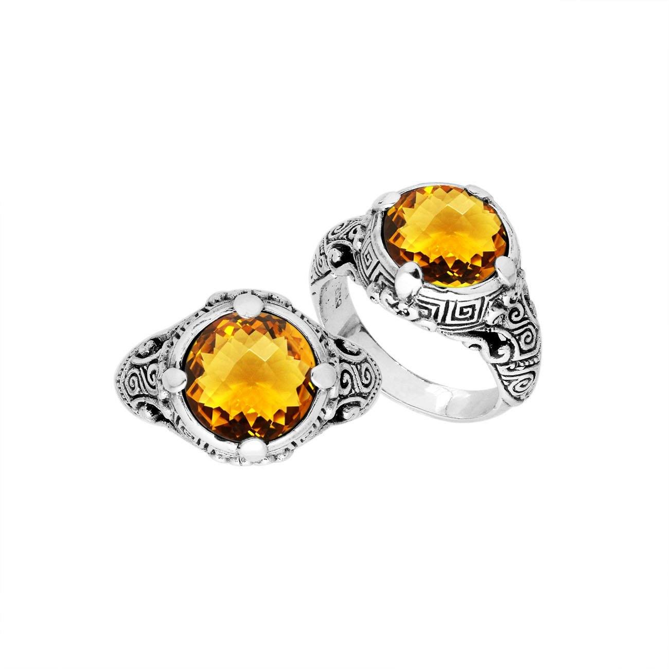 Sterling Silver ornate statement ring with Citrine Quartz and intricate Bali-style craftsmanship.