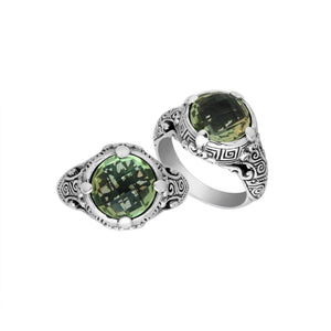 Sterling Silver ornate statement ring with Green Amethyst Quartz and intricate Bali-style detailing.